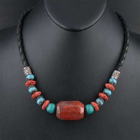 Sterling Jasper Turquoise And Coral Necklace Ebth