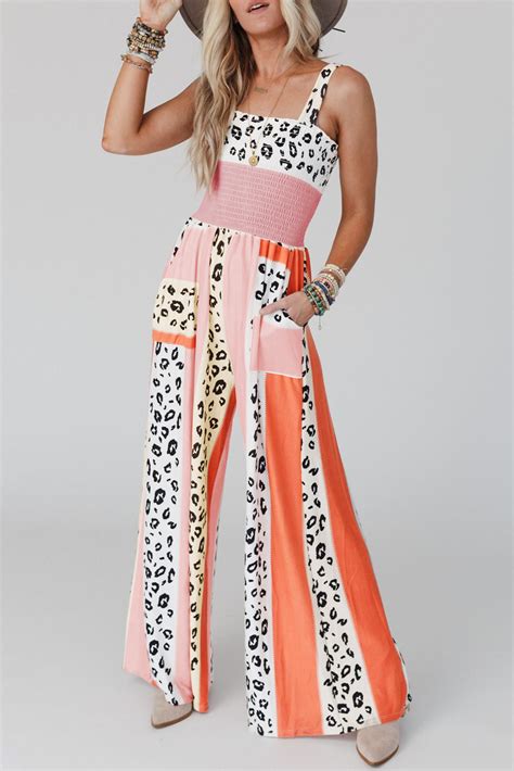 12 6 Pink Leopard Color Block Mix Print Pocketed Jumpsuit Wholesale