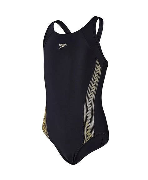 Speedo Monogram Muscleback Girls Swimsuit Black Gold Run Charlie