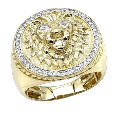 Solid 10k Gold Lion Head Diamond Ring For Men 03ct Luxurman Pinky