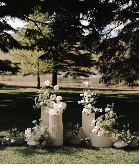 Three Vases With Flowers Are Sitting On The Grass In Front Of Some Pine