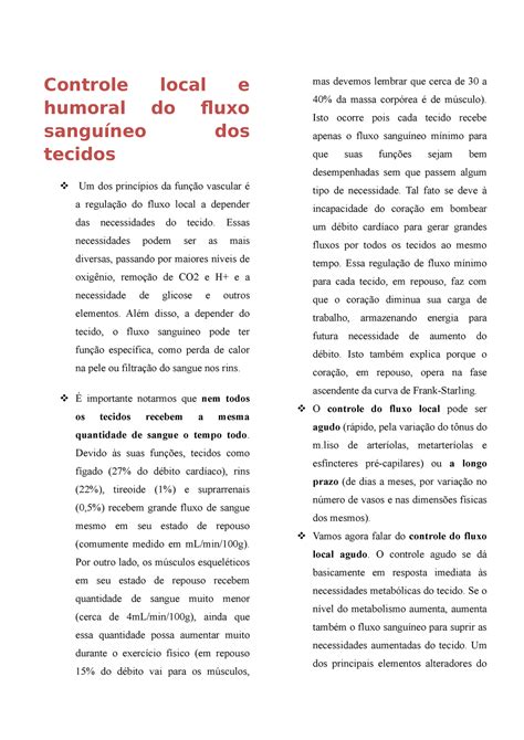 Controle local e humoral do fluxo sanguíneo dos tecidos Warning TT