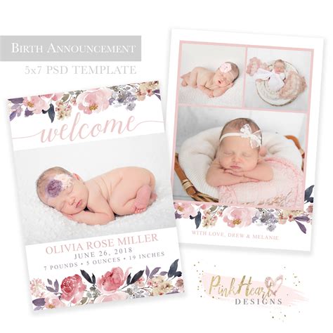 Floral Girl Birth Announcement Card Template (Digital Download)