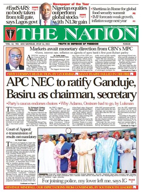 Newspaper Headlines APC NEC To Ratify Ganduje Ajibola Basiru As