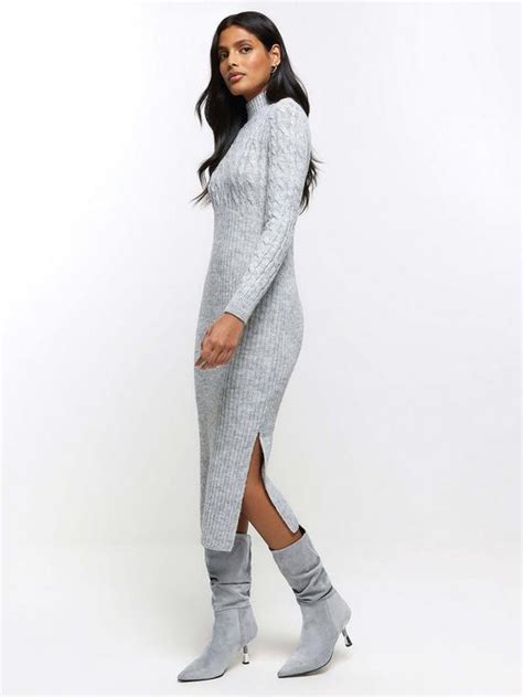 River Island Cable Knit Mix Dress Light Grey Uk