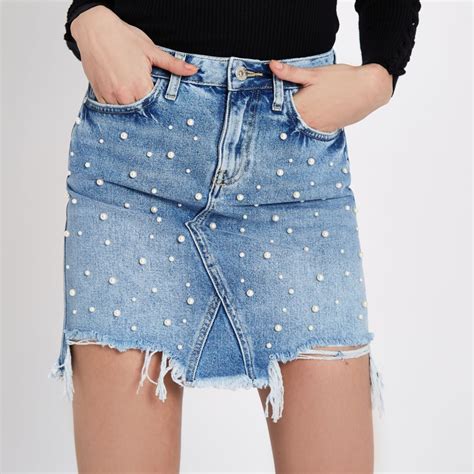 Mid Blue Faux Pearl Ripped Denim Mini Skirt Mini Skirts Skirts