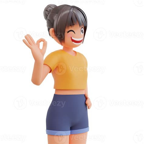 Free Cute Girls Show Hand With Ok Symbol 3d Cartoon Illustration