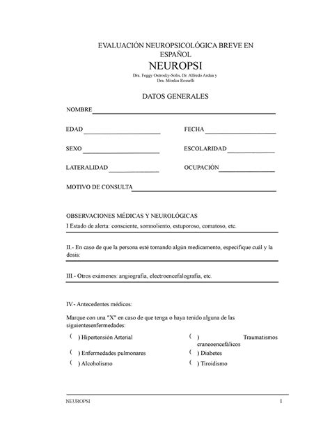 Evaluaci N Neuropsicol Gica Breve En Espa Ol Neuropsi Evaluaci N