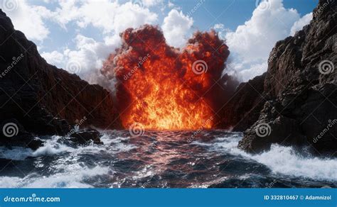 Dramatic Volcanic Eruption With Fiery Tornadoes And Dark Clouds At Dusk