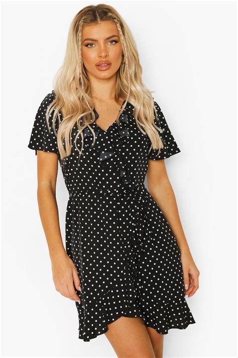 Woven Polka Dot Wrap Front Ruffle Tea Dress Boohoo Uk