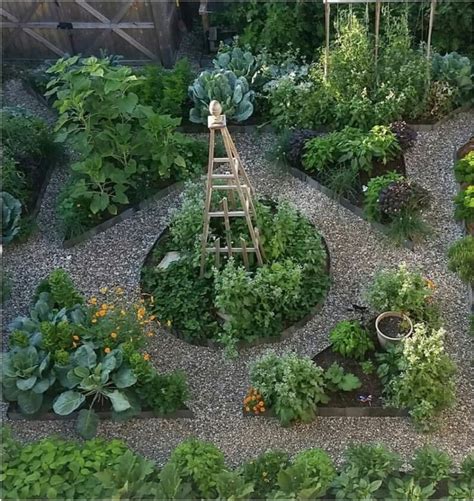 Potager Garden Design with Abundant Vegetables and Plants on Gravel