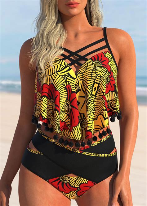 Rotita Tribal Print High Waist Pom Pom Bikini Set Rotita Usd