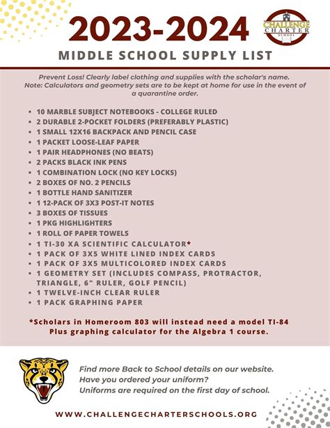 Middle School Back to School Info — Challenge Charter School