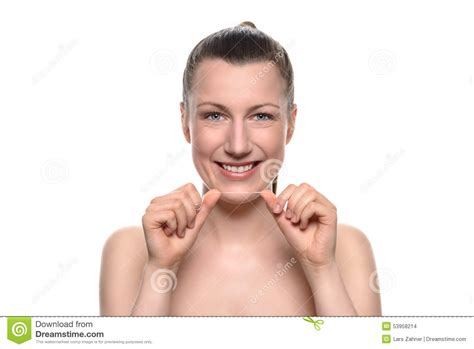 Smiling Naked Woman Holding Dental Floss Stock Photo Image Of
