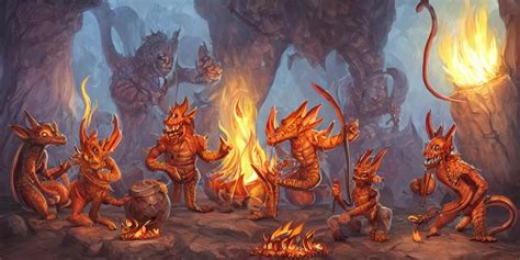 A Group Of Draconic Kobolds Chatting Around A Cooking Stable Diffusion