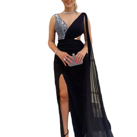 Sexy One Shoulder V Neck Split Thigh Contrast Mesh Sequin Prom Dress