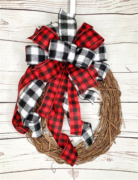 Christmas Buffalo Plaid Check Wreath Bow Red Black And White Etsy