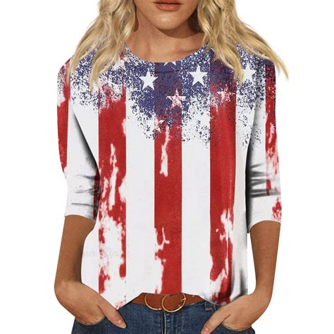 Wangxldd Tops For Women 2024 Fourth Of July Three Quarter Sleeve