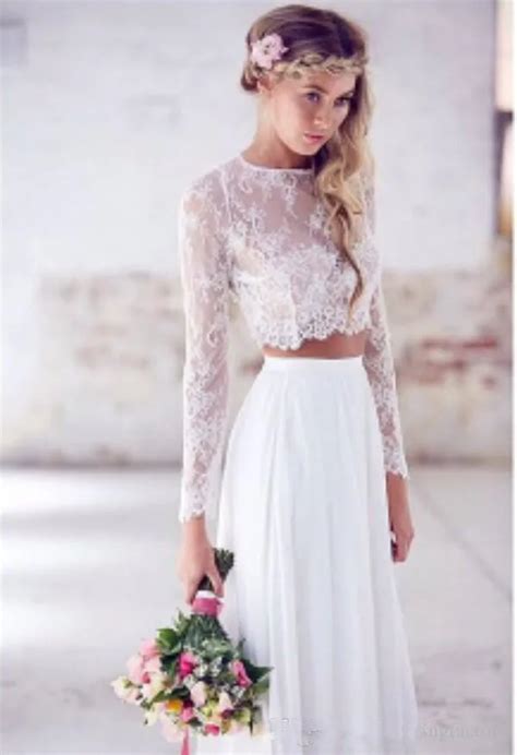 2016 Two Pieces White Beach Wedding Dress Lace Chiffon Long Sleeve