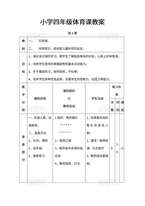 小学四年级体育课教案word模板 515ppt