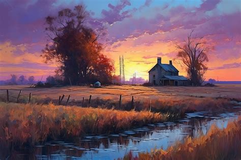 Premium AI Image | A painting of a farm house in a field with a sunset ...