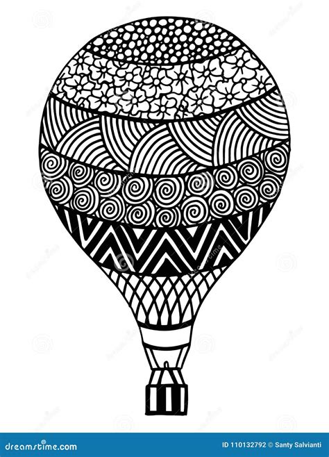Hot Air Balloon In Zentangle Inspired Doodle Style Isolated On White Coloring Book Page For