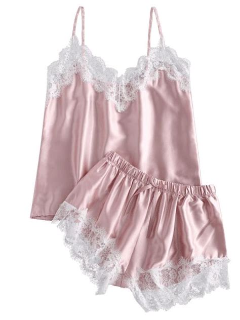 Contrast Lace Satin Cami Pajama Set Dark Orchid Pink Cami Pajama Sets