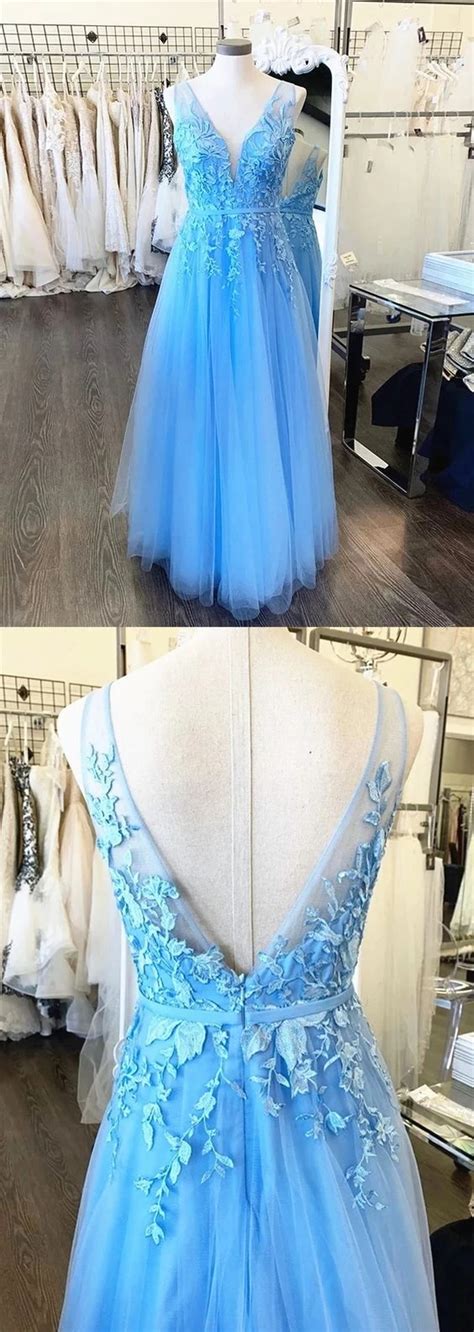 A Line V Neck Light Blue Lace Prom Dresses V Neck Sky Blue Lace Formal