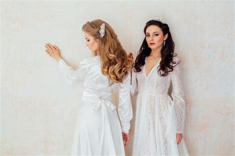 Twee Bruiden In Huwelijksjurken Blonde Brunette Stock Afbeelding Image Of Viering Charmant