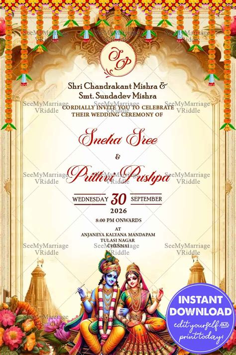 Radha-Krishna Theme Wedding Invitation with Floral Design, Ornamental ...