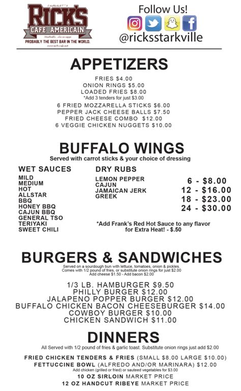 menu ricks cafe