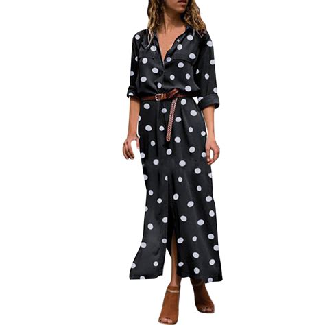 Summer Polka Dot Print Maxi Dress Women S Button Slit Long Flowy Shirt