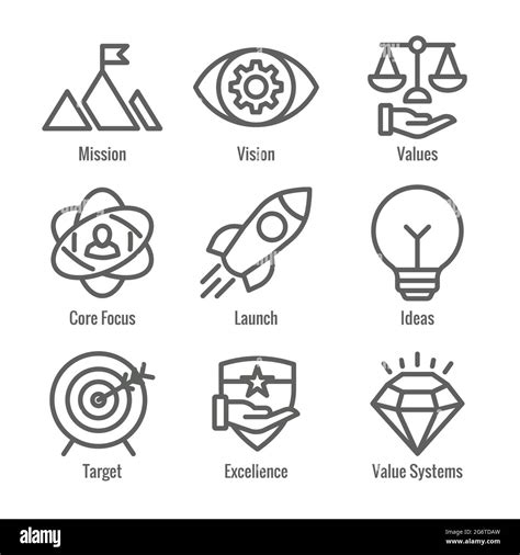 Mission Vision And Values Icon Set With Rocket Ideas Goal Icons