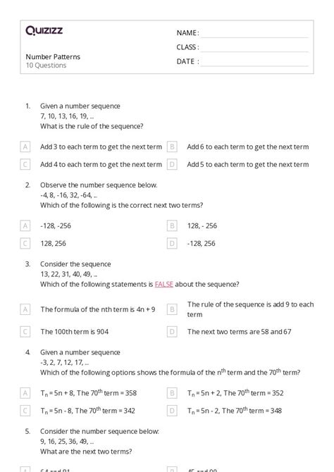 50 Number Patterns Worksheets For 7th Grade On Quizizz Free And Printable