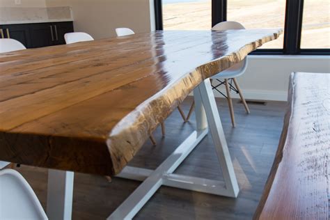 Live Edge Modern Dining Table Close up View. White powder coated steel base with a live edge ...