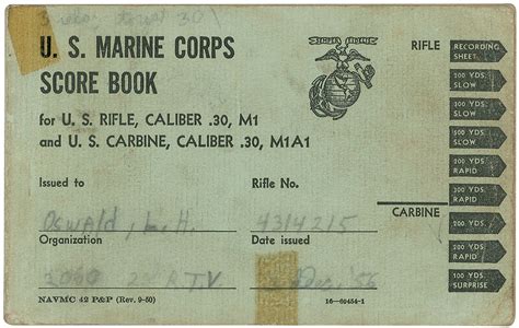Lee Harvey Oswalds Us Marine Corps Rifle Score Book Warren
