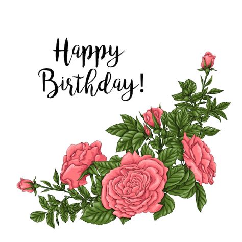 Happy Birthday Card With Coral Roses Hand Drawing Vector Illustration Vector Premium Download