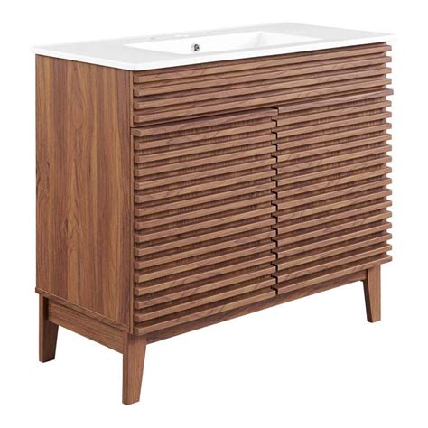 Modway Render 36 Modern Wood And Ceramic Bathroom Vanity In Walnut White