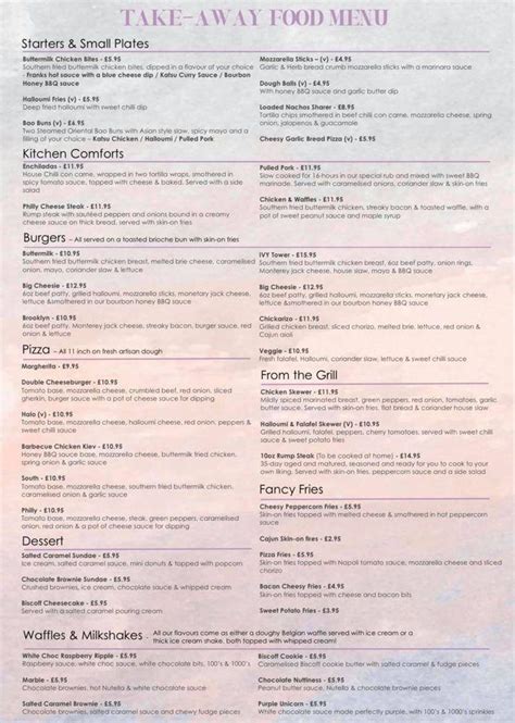 Menu at West Ivy restaurant, Bury