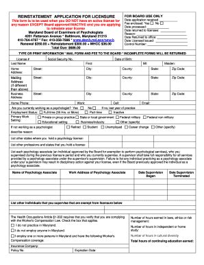 Fillable Online Dhmh Maryland REINSTATEMENT APPLICATION FOR LICENSURE