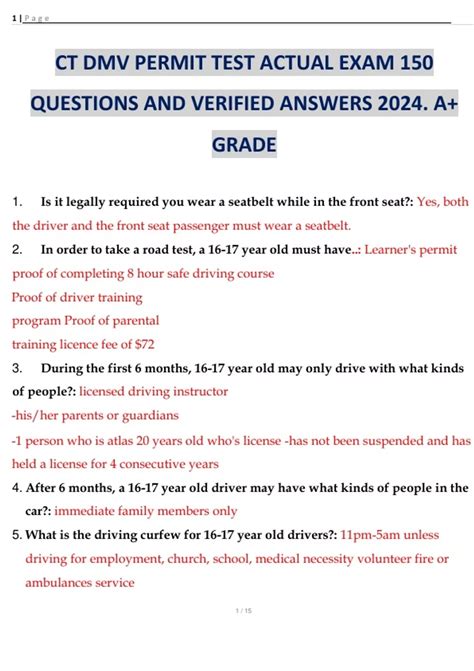 Ct Dmv Permit Test Actual Exam 150 Questions And Verified Answers 2024