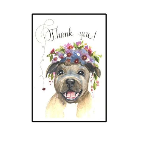 Thank You Card Pit Bull Card Dog In Watercolor With Flowers Etsy