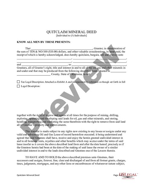 Oklahoma Quitclaim Mineral Deed From An Individual To Five Individuals