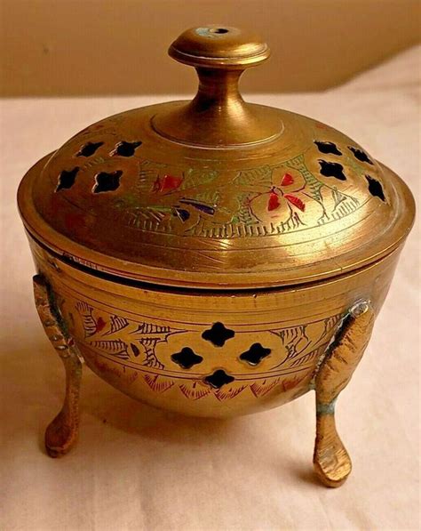 Beautifully Etched Vintage Brass Charcoal Incense Burner W Lid