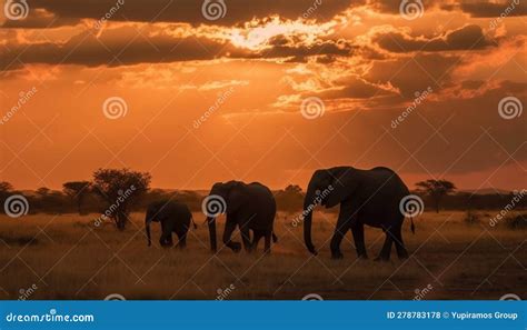 African Elephant Herd Grazes At Dusk In Tranquil Wilderness Panorama