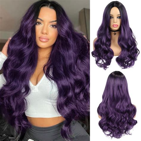 WIGER Long Curly Wavy Wigs Long Ombre Purple Wigs Ombre Dark Purple