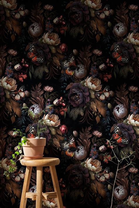 Dark Flower Wallpaper Mural Dark Botanical Wallpaper With Butterflies