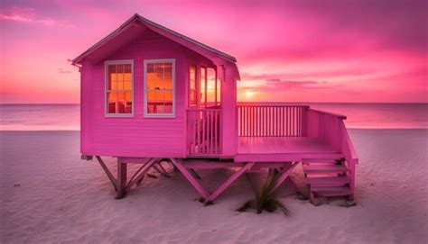 A Pink Beach House With A Pink Sky In The Background Premium Ai