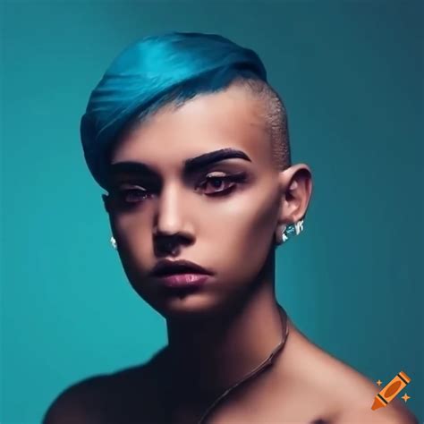 Fashionable Non Binary Person With Unique Blue Hair And Bold Makeup On