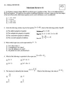 Algebra 1 Midterm REVIEW QUESTIONS Worksheet 3 Of 5 TpT